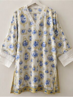 Maria B Women’s Tunic Top Blue Gold Print V-Neck 3/4 Sleeve Boho Pakistani Style